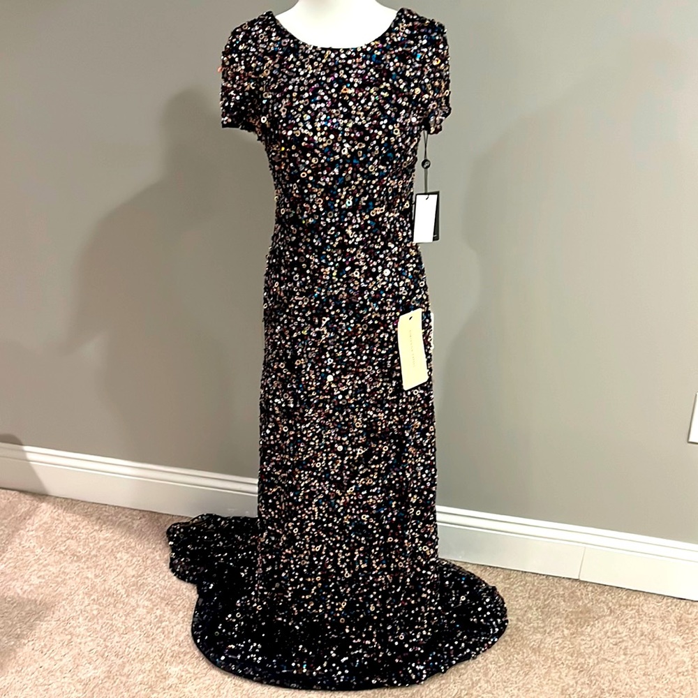 Adrianna Papell  Navy Long Gown w/ Multicolor Sequence. size 6